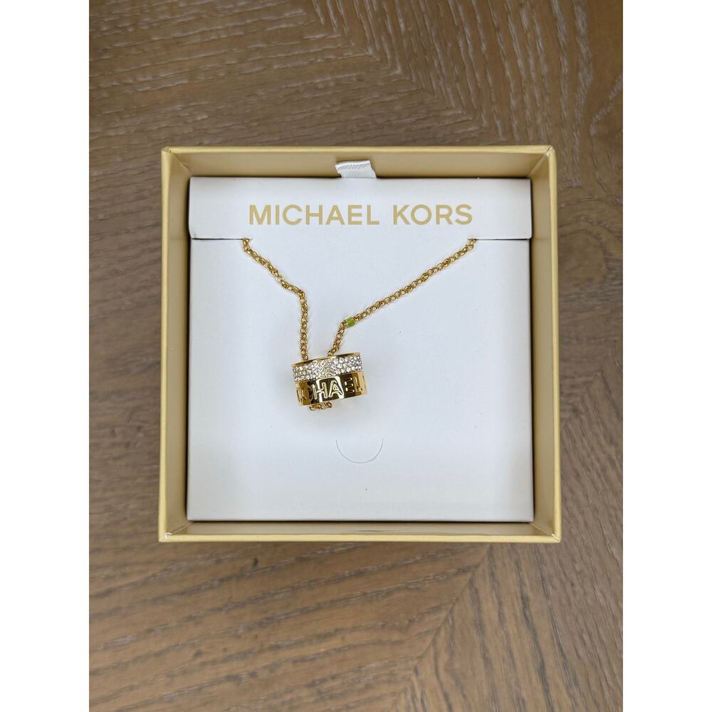 Michael Kors Gold Tone Barrel Pendant Necklace Crystal Logo MKJ0181710B New Box - Picture 3 of 5